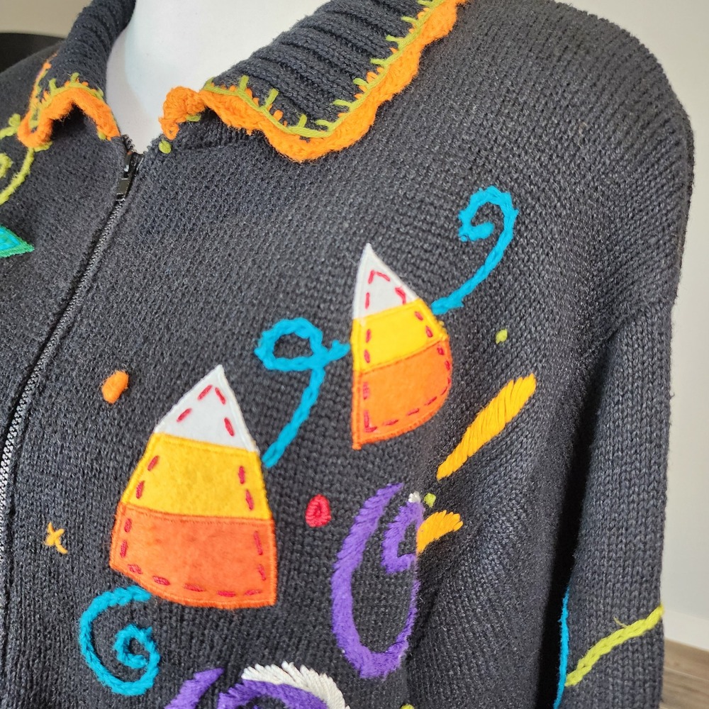 Yarnworks Vintage Halloween Zip Sweater Womens Large Black Orange Purple Boo 90s - Picture 3 of 15